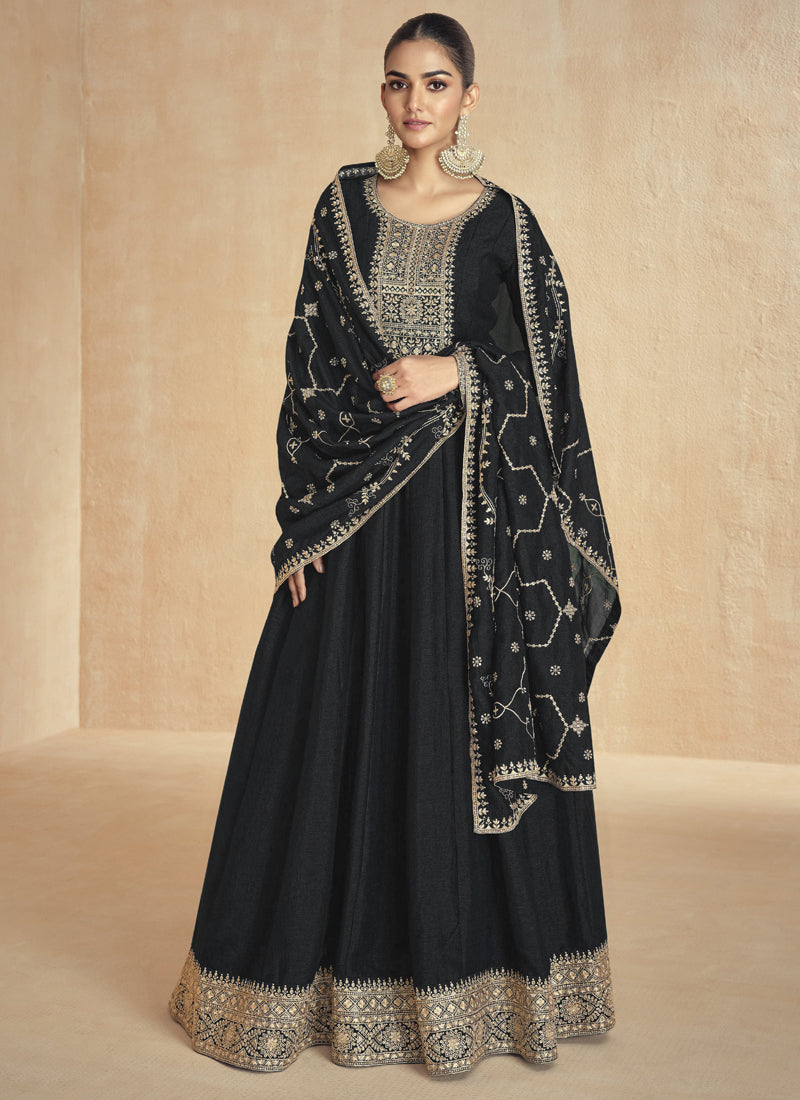 Vegaa Fashion Black Silk Embroidered Anarkali Suit