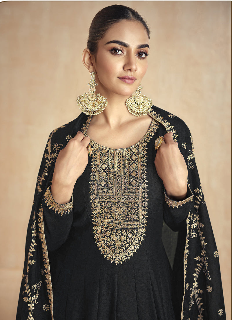 Vegaa Fashion Black Silk Embroidered Anarkali Suit