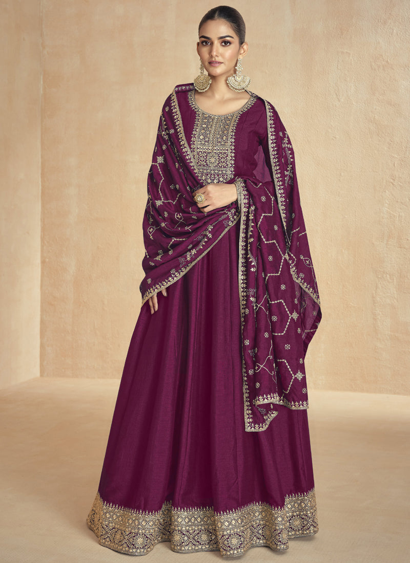 Vegaa Fashion Wine Silk Embroidered Anarkali Suit