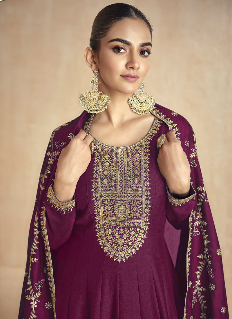 Vegaa Fashion Wine Silk Embroidered Anarkali Suit