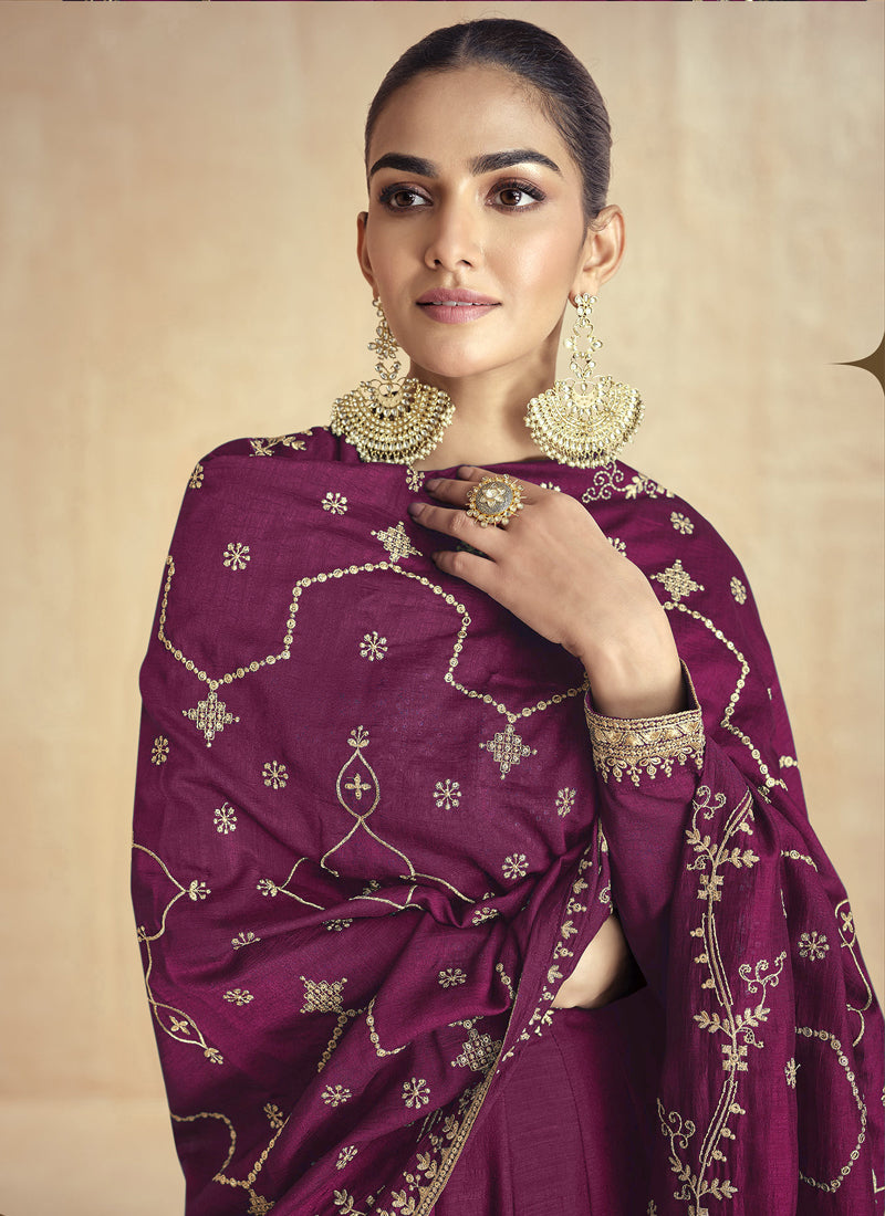 Vegaa Fashion Wine Silk Embroidered Anarkali Suit