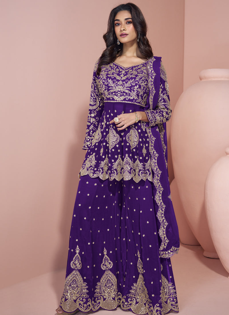Vegaa Fashion Violet Georgette Embroidered designer Sharara Suit - Distacart