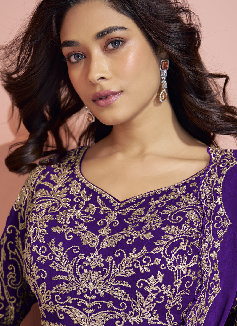 Vegaa Fashion Violet Georgette Embroidered designer Sharara Suit