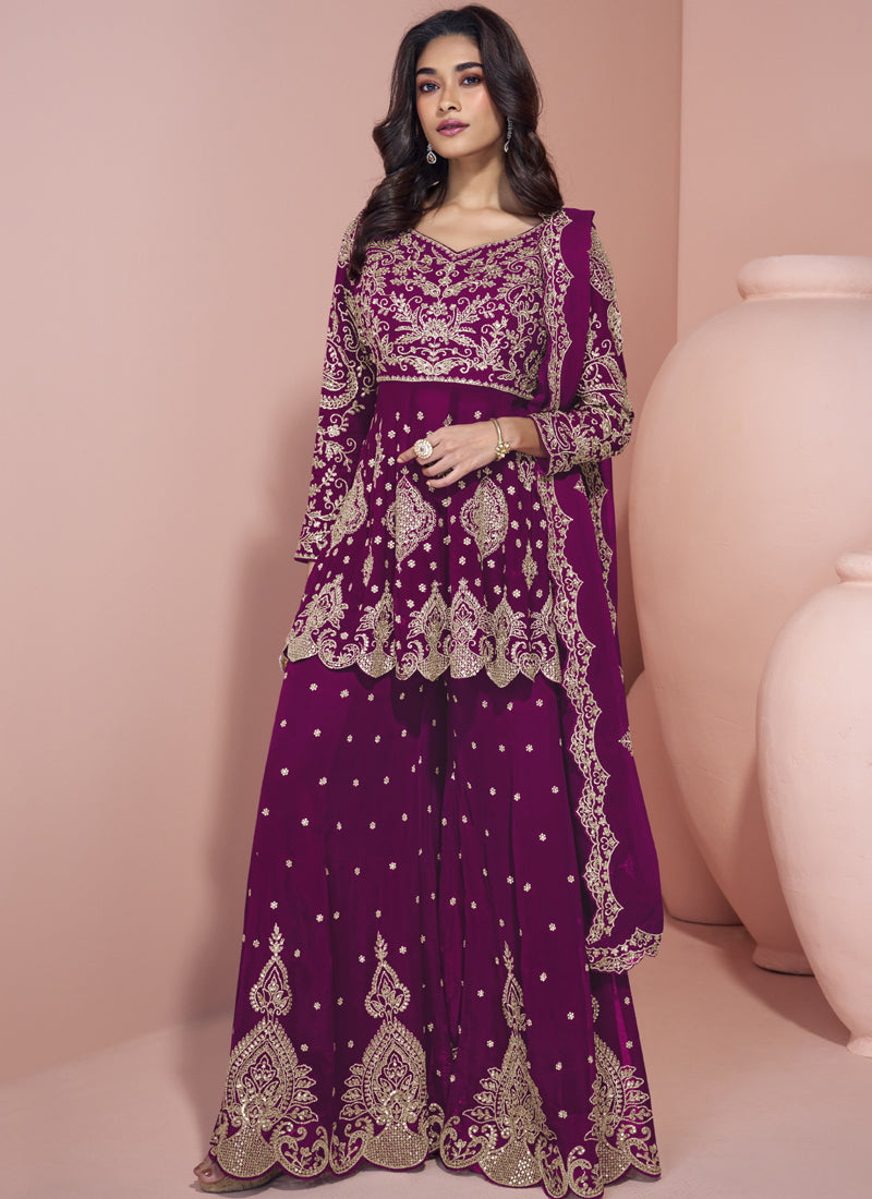 Vegaa Fashion Wine Georgette Embroidered designer Sharara Suit - Distacart