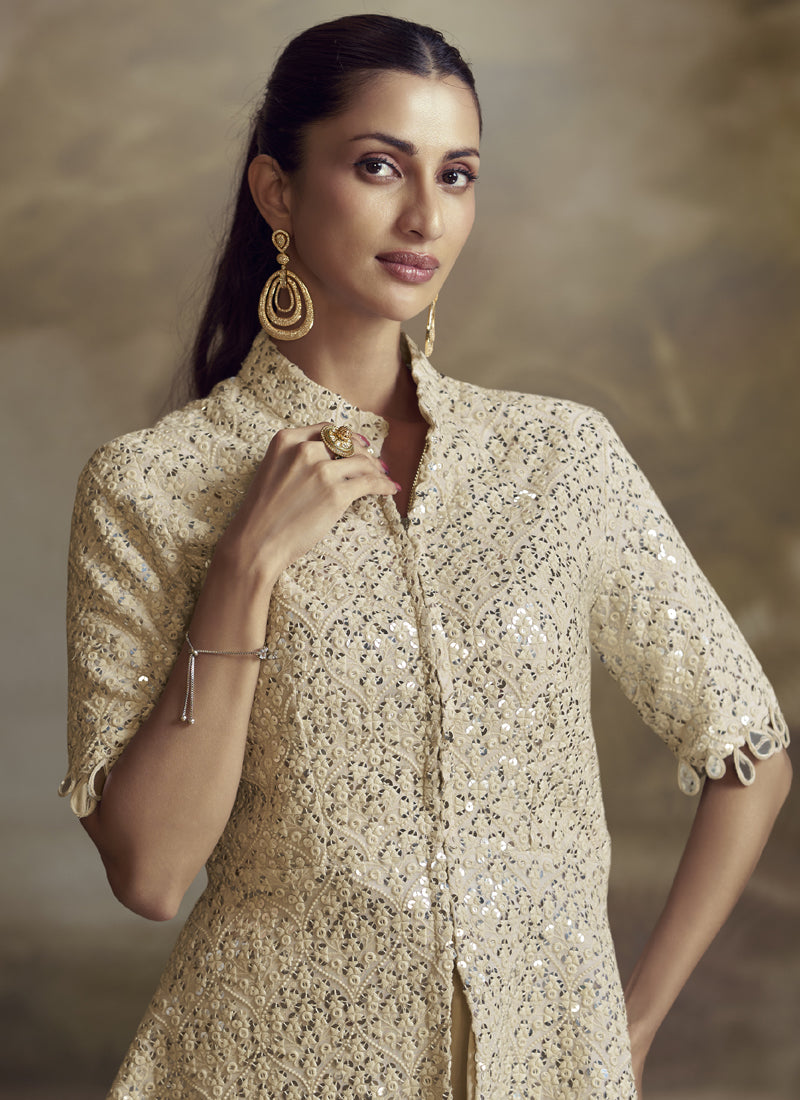Vegaa Fashion Cream Georgette Embroidered Palazzo Suit