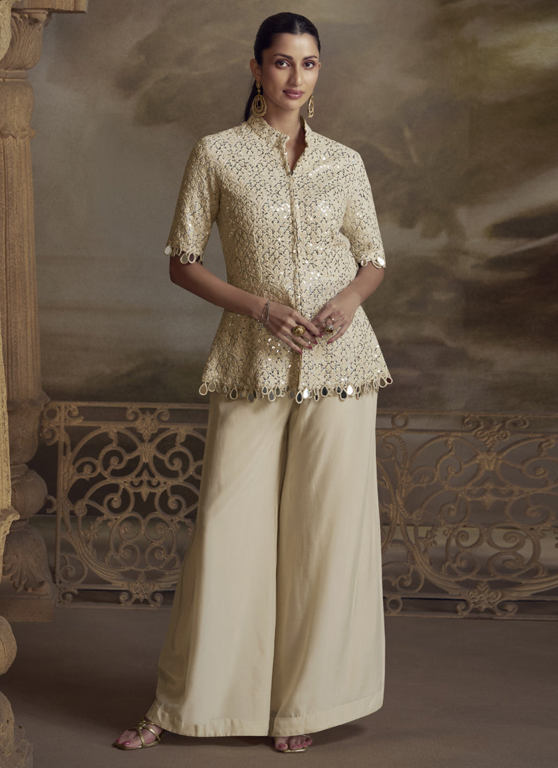 Vegaa Fashion Cream Georgette Embroidered Palazzo Suit
