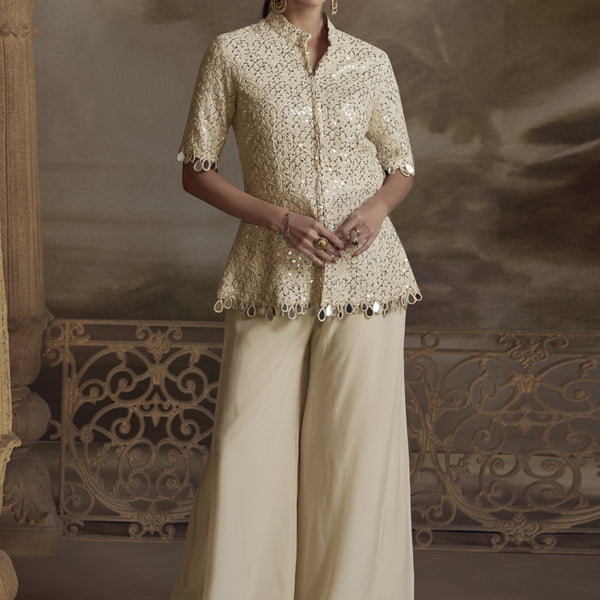 Vegaa Fashion Cream Georgette Embroidered Palazzo Suit