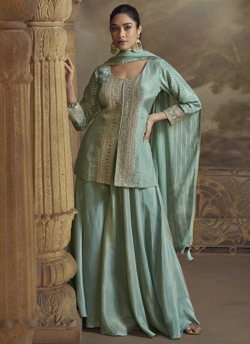 Vegaa Fashion Sky Blue Viscose Simar Butti Embroidered Palazzo Suit