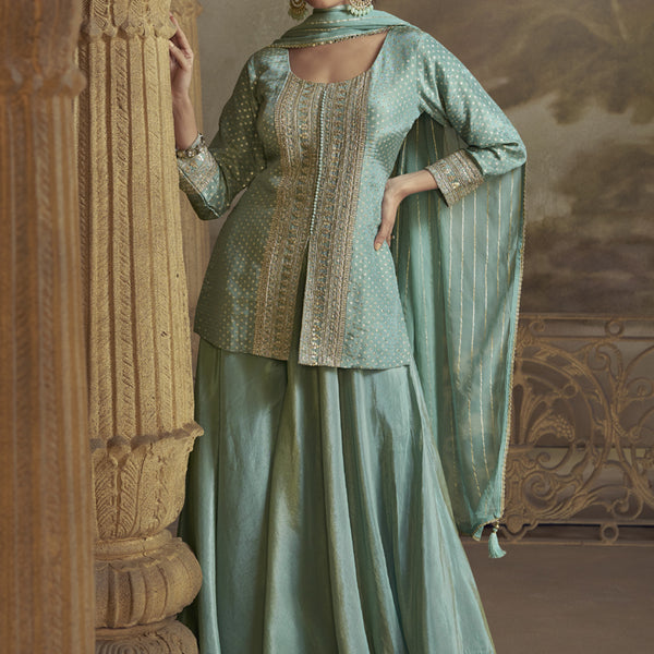 Vegaa Fashion Sky Blue Viscose Simar Butti Embroidered Palazzo Suit