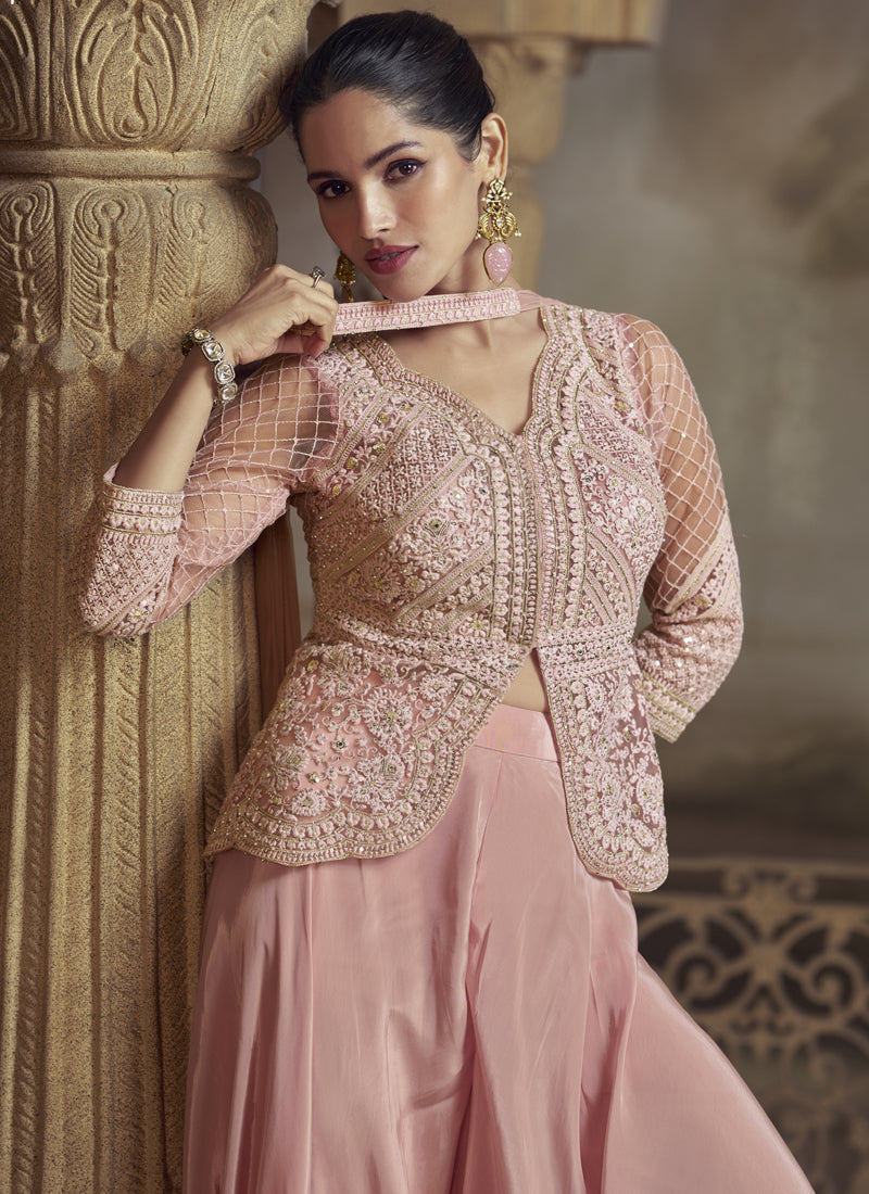 Vegaa Fashion Peach Net Embroidered Designer Palazzo Suit