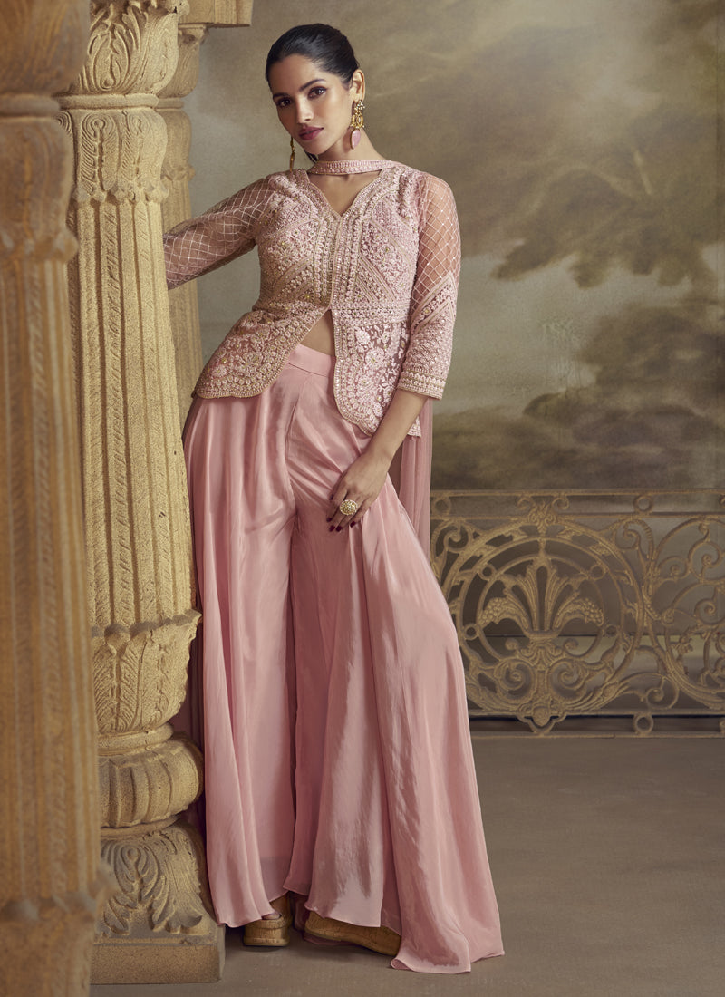 Vegaa Fashion Peach Net Embroidered Designer Palazzo Suit