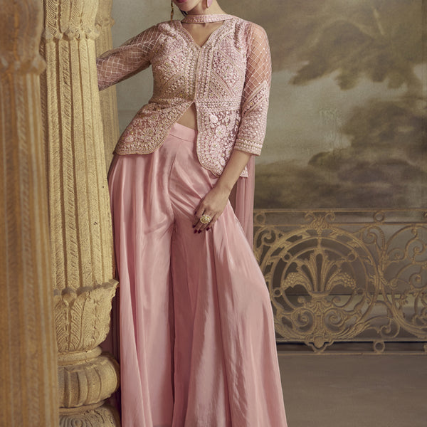 Vegaa Fashion Peach Net Embroidered Designer Palazzo Suit