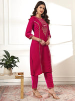 Thumbnail for Yufta Velvet Pink Kurta Dupatta Set With Embroidery