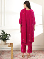 Thumbnail for Yufta Velvet Pink Kurta Dupatta Set With Embroidery