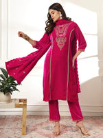 Thumbnail for Yufta Velvet Pink Kurta Dupatta Set With Embroidery