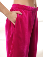 Thumbnail for Yufta Velvet Pink Kurta Dupatta Set With Embroidery