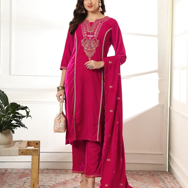 Yufta Velvet Pink Kurta Dupatta Set With Embroidery - Distacart