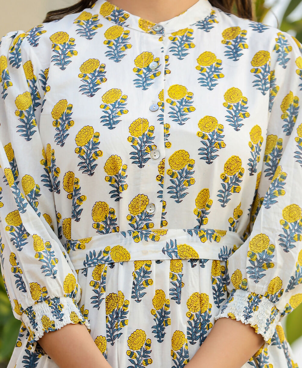 Kaajh Women's White-Yellow Ethnic Floral Hand Block Print Cotton Dress - Distacart