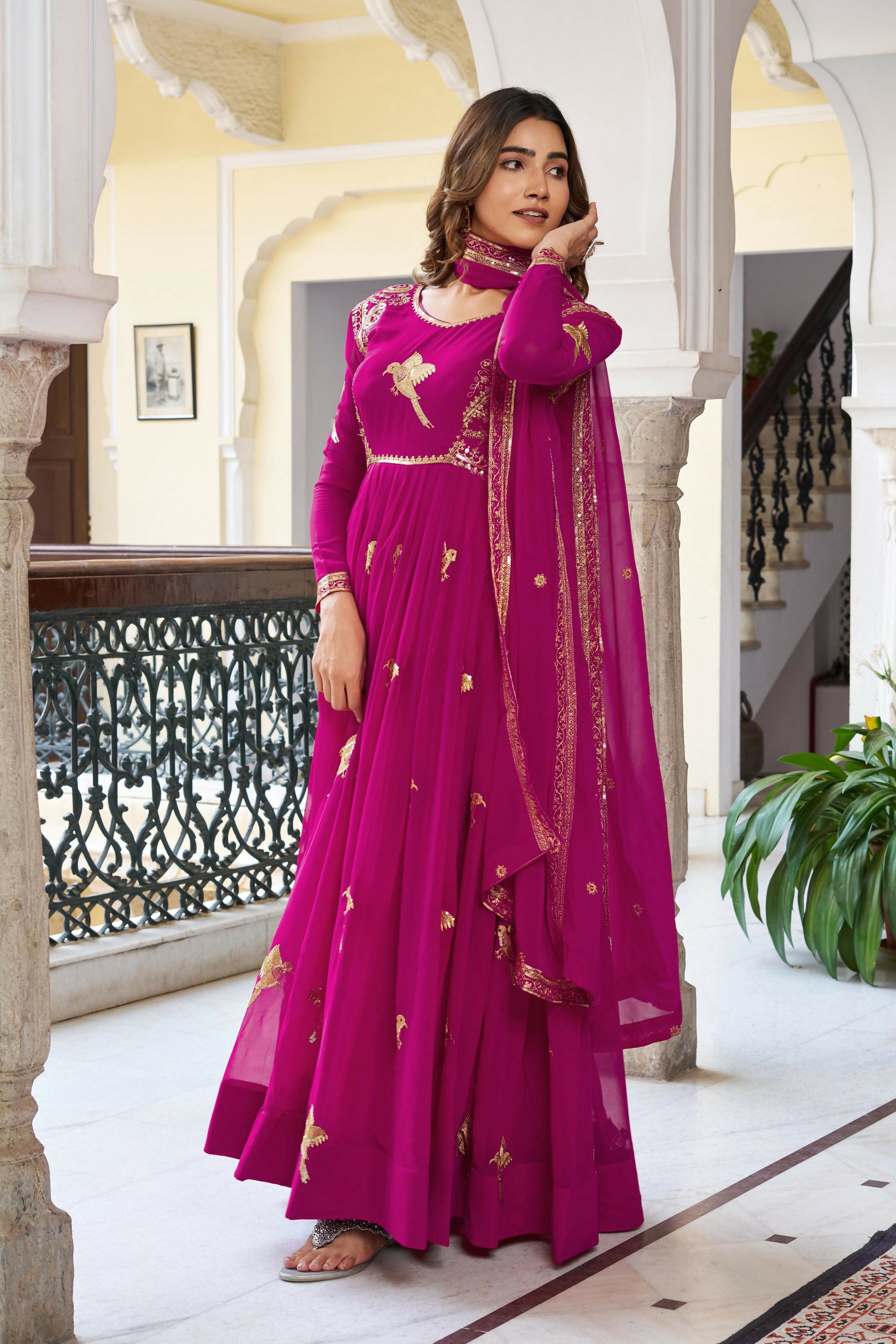 Joban Fashion pink Kurta set with Pant Georgette Thread with Sequins work
