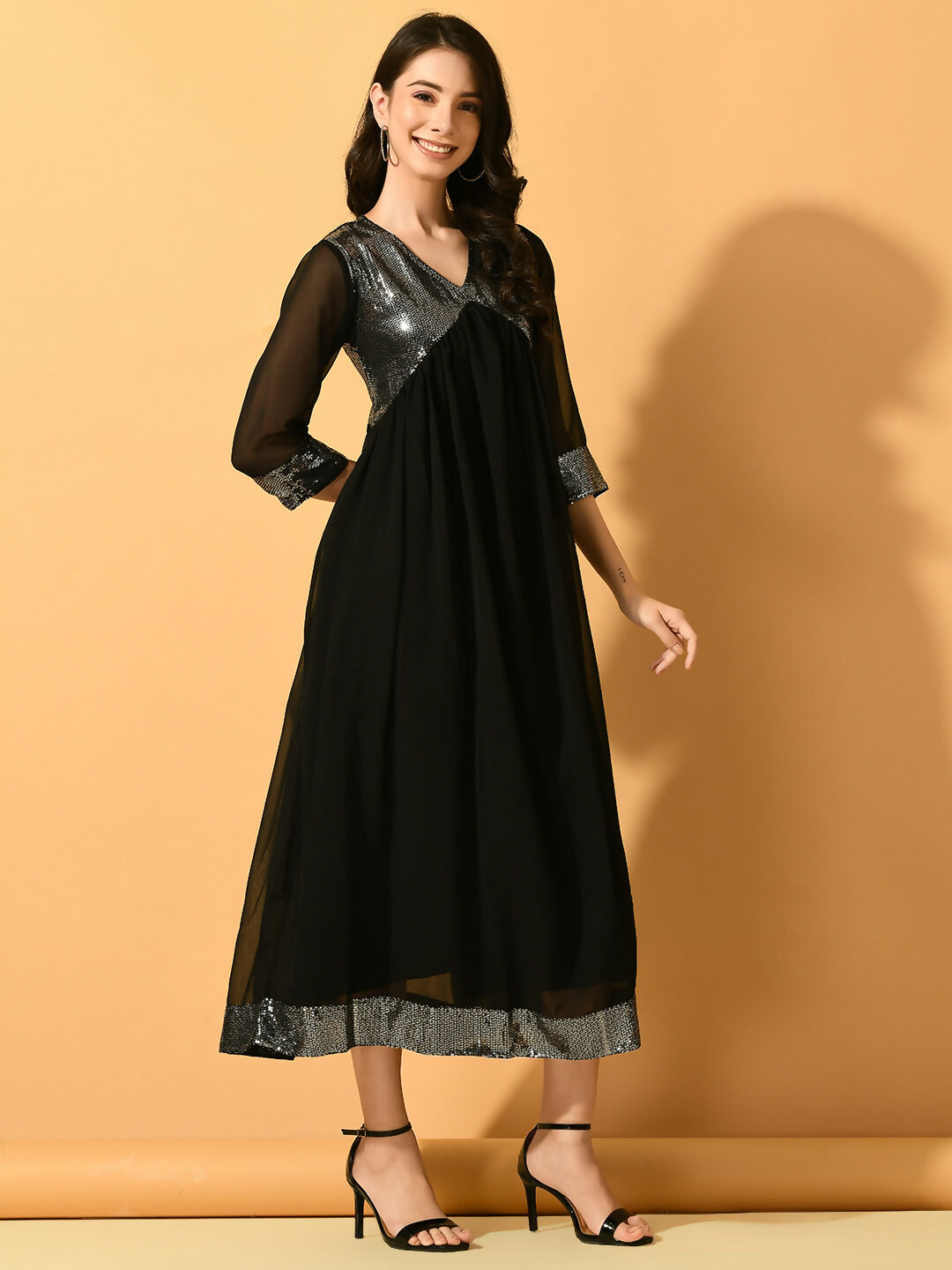 Myshka Women's Black Fit and Flare Party Dress - Distacart