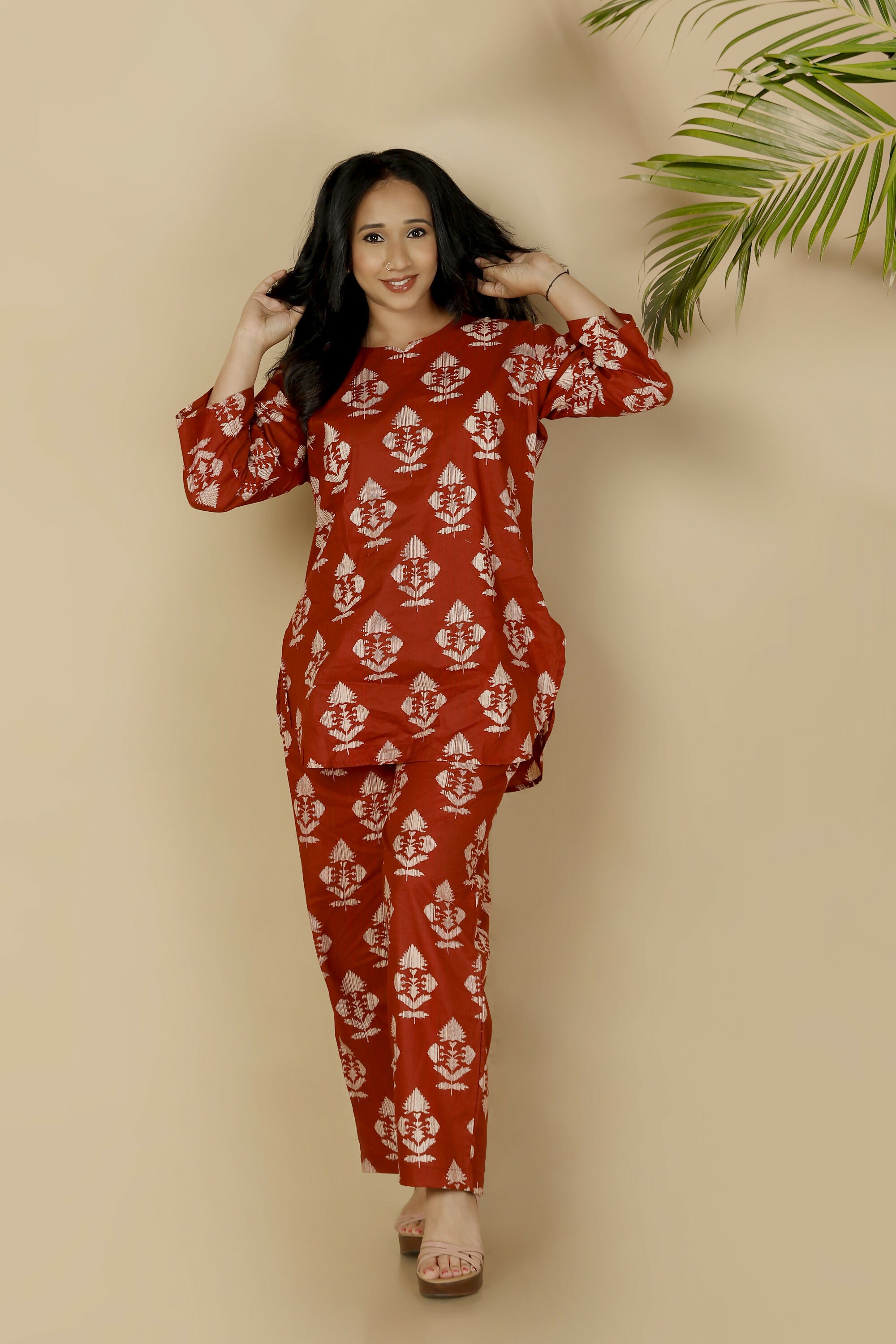 Breathables Red Butta Cotton Co-Ord Set – Kurta With Straight Pants - Dista