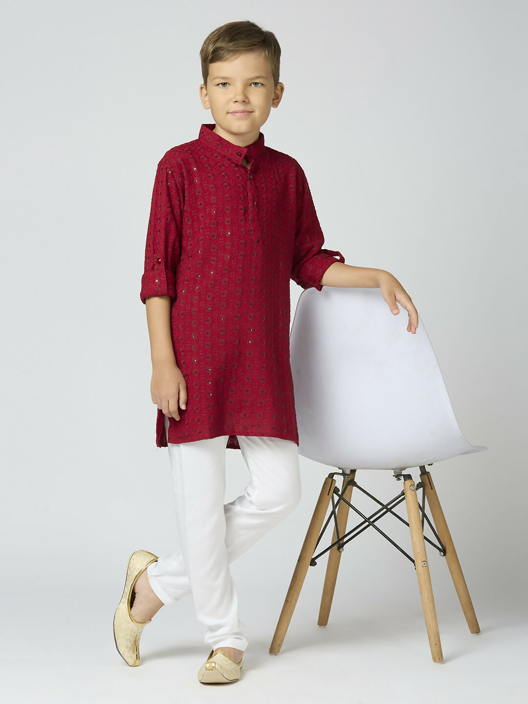 Joban Fashion Kids Island Full Sleeves Cotton Kurta and Pyjama Set with Sequin work - Maroon - Distacart