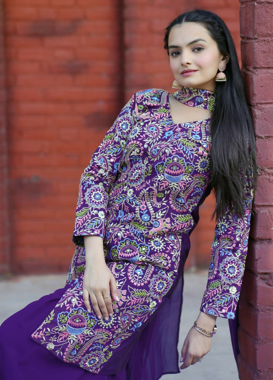 Teeya Creation Purple Color Tapeta Silk Embroidery Work Party Wear Palazzo Set - Distacart