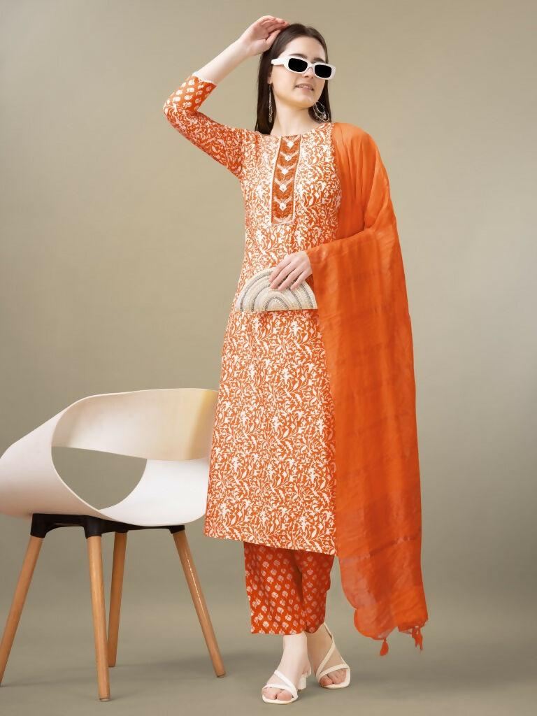 Jyoti Fashion Women's Orange Rayon Embroidery & Sequence work Kurta with Trouser & Dupatta - Distacart