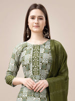 Thumbnail for Jyoti Fashion Women's Mehendi Rayon Print with Embroidery & Fancy Lace Work Kurta with Trouser & Dupatta - Distacart