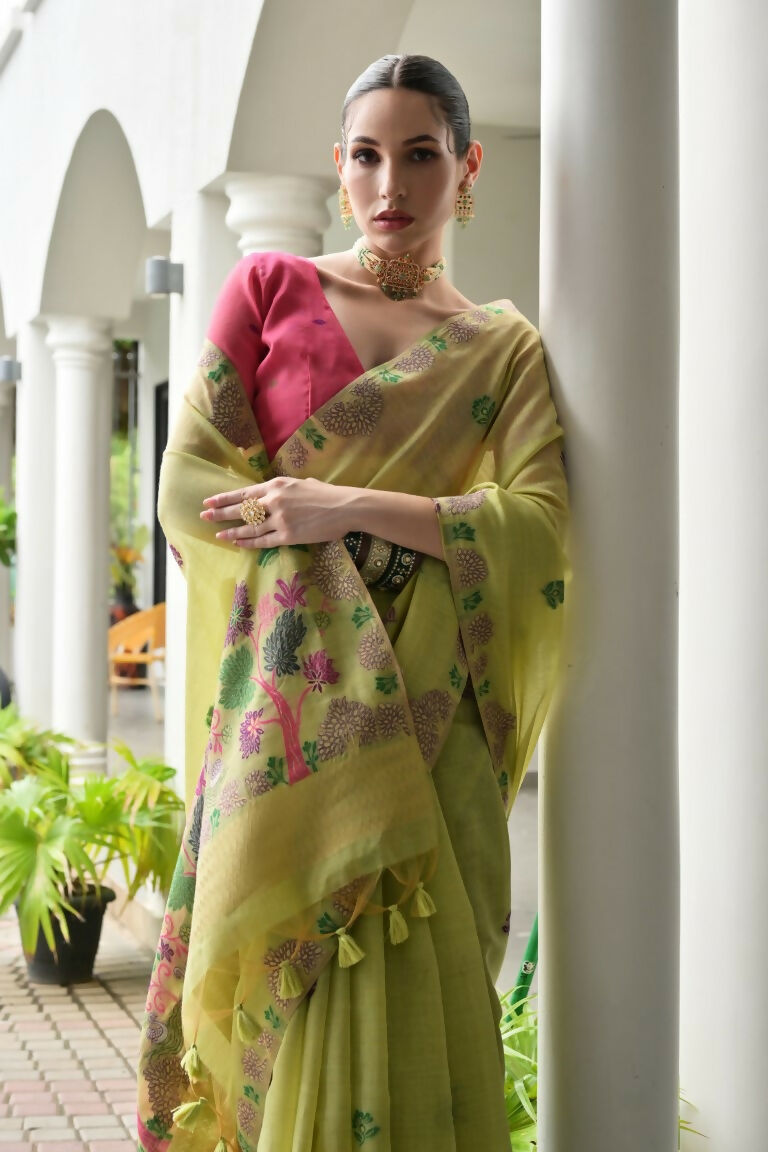 Vishnu Weaves Women's Pista Muga Cotton Thread Weaving Saree with Blouse