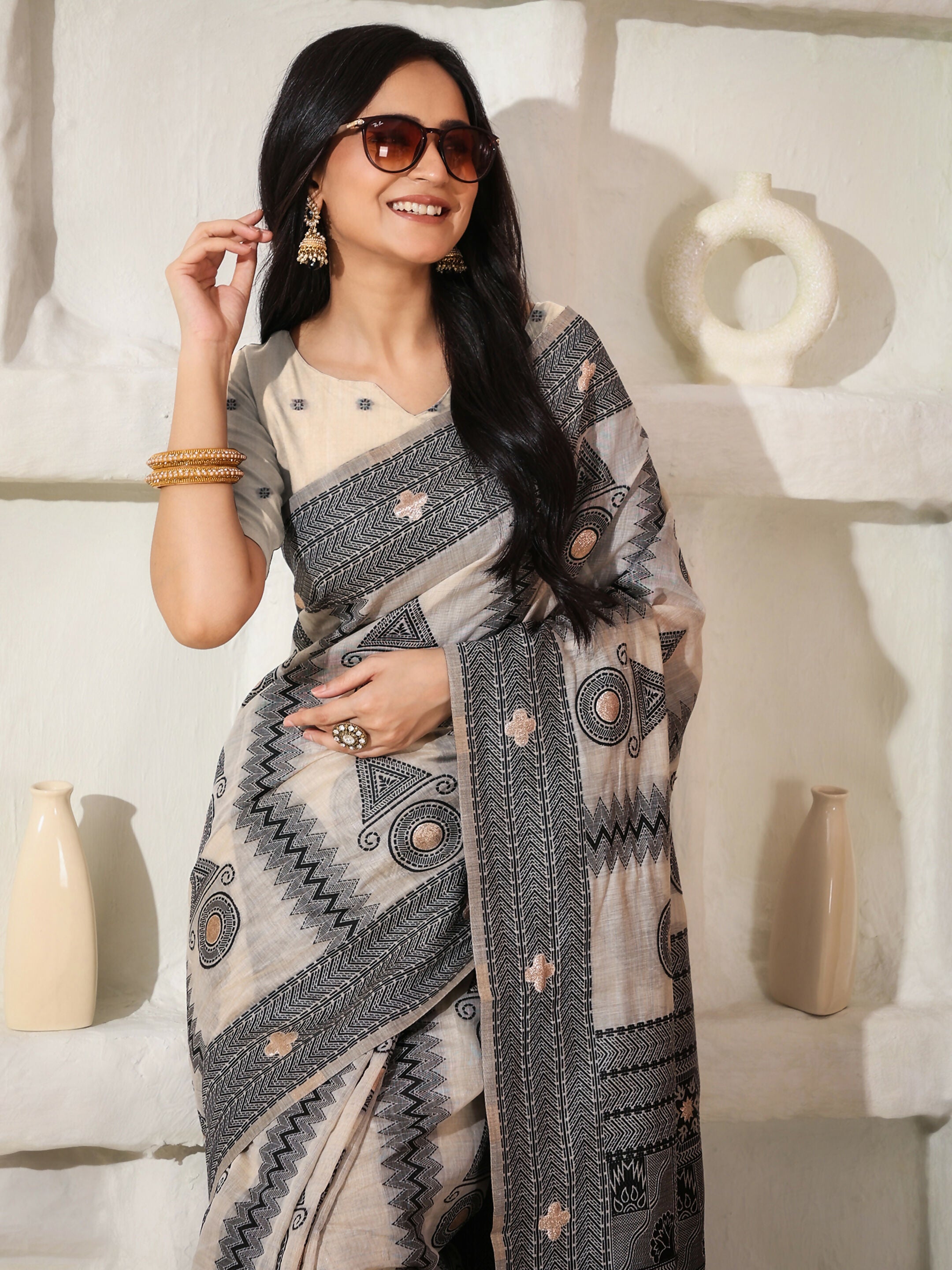 Astita Linen Cotton Black & Cream Saree