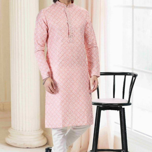 Raivat Ethnic Cotton Thread Work Kurta Pajama In Peach Colour - Dista