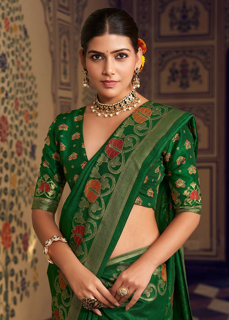 Monjolika Fashion Dark Green Silk Blend Banarasi Zari Work Classic Saree