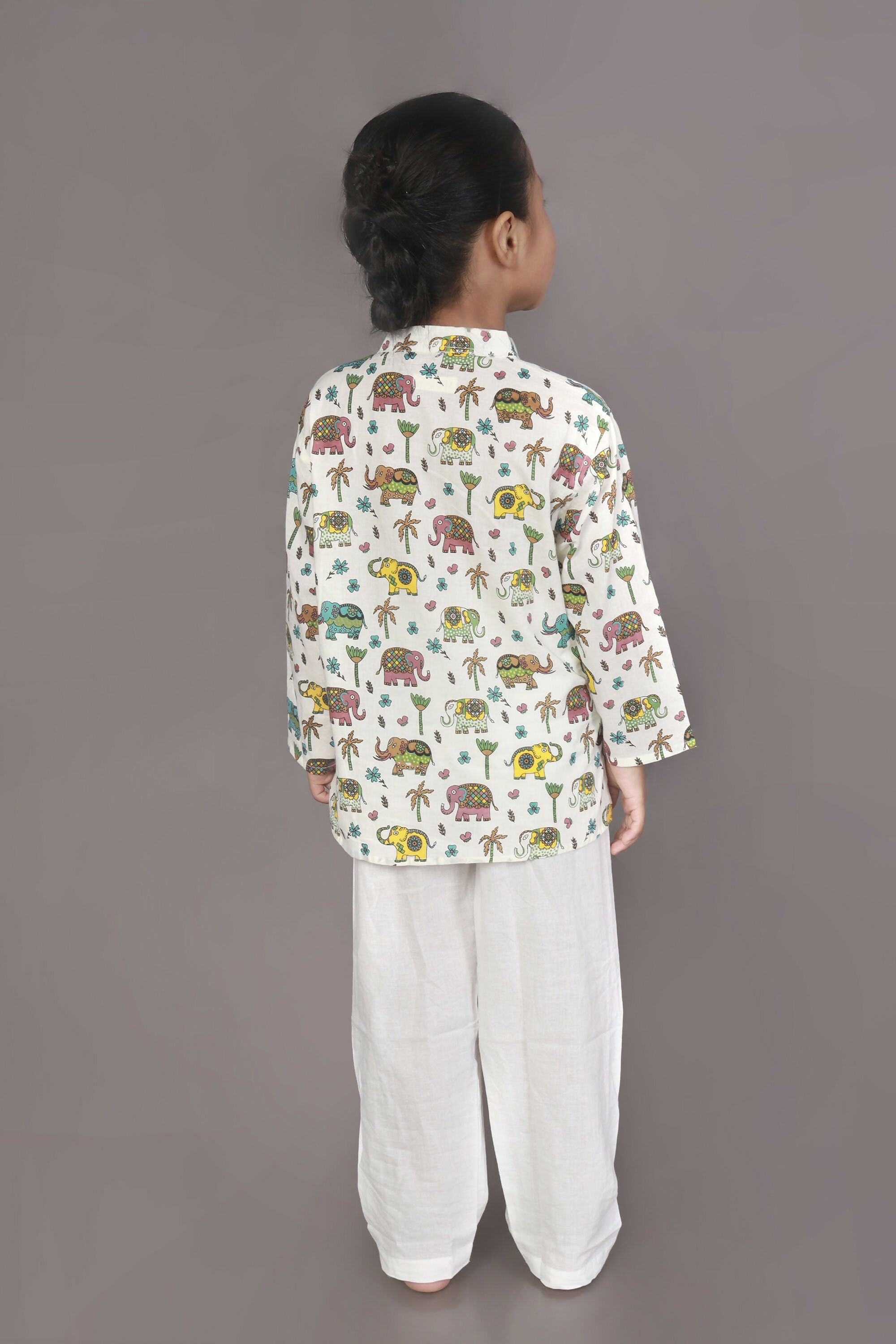 Breathables Kids Cotton Elephant Print Kurta Pyjama Night Suit - White - Dista