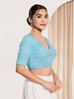 Thumbnail for Joban Fashion Light Blue Crochet Padded Blouse With V Neck Elbow Sleeves - Distacart