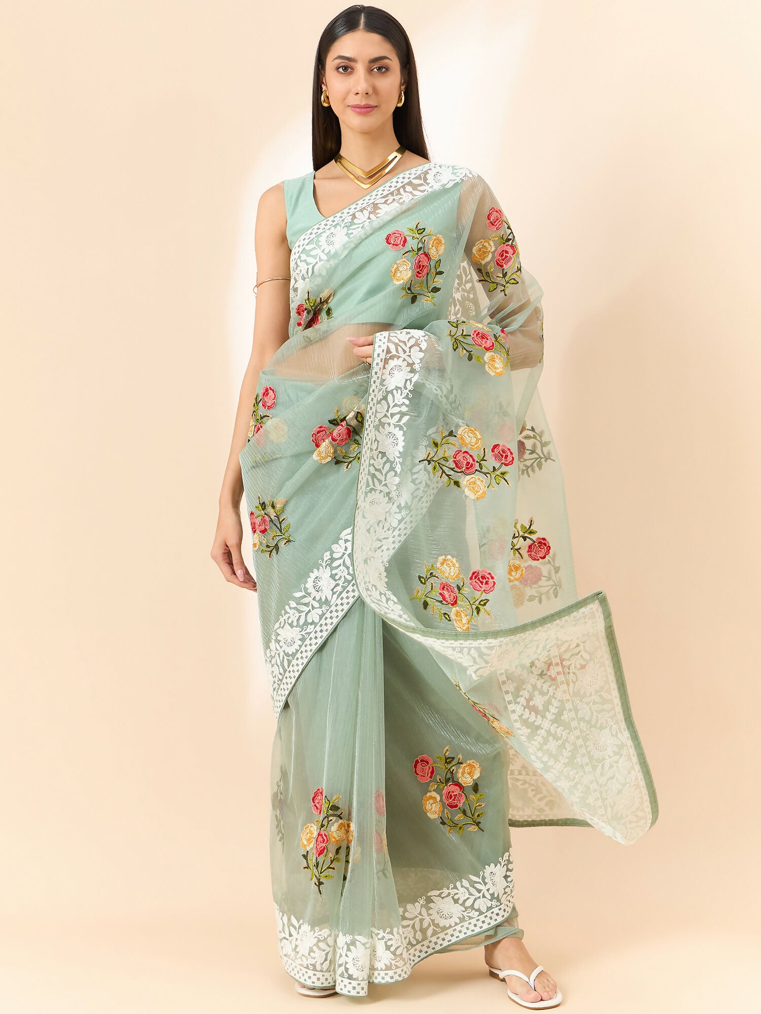 Green Organza Floral Embroidered Saree with Unstitched Blouse Piece - Roozal - Distacart