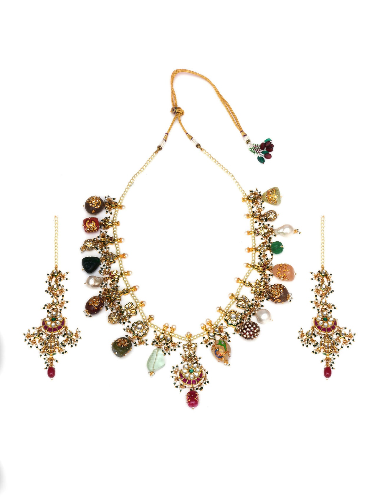 Long Kundan Neckpiece with Earrings with Multi Stones Jewellery Set (Gold) - Ruby Raang - Distacart