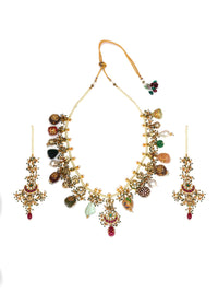 Thumbnail for Long Kundan Neckpiece with Earrings with Multi Stones Jewellery Set (Gold) - Ruby Raang - Distacart