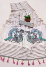 Thumbnail for Vastranavya Grey Linen Cotton Meenakari Weaving Pallu Saree with Contrast Blouse - Distacart