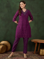 Thumbnail for Sangria Embroidered Pure Cotton Kurta & Trouser