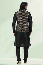 Thumbnail for Raivat Ethnic Jacquard Banarasi Silk Woven Work 3 Pics Jacket Set In Black Colour - Distacart