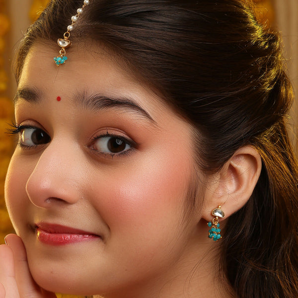 Ruby Raang Semi-Circle Gold Blue Earrings Set With Maang Tikka