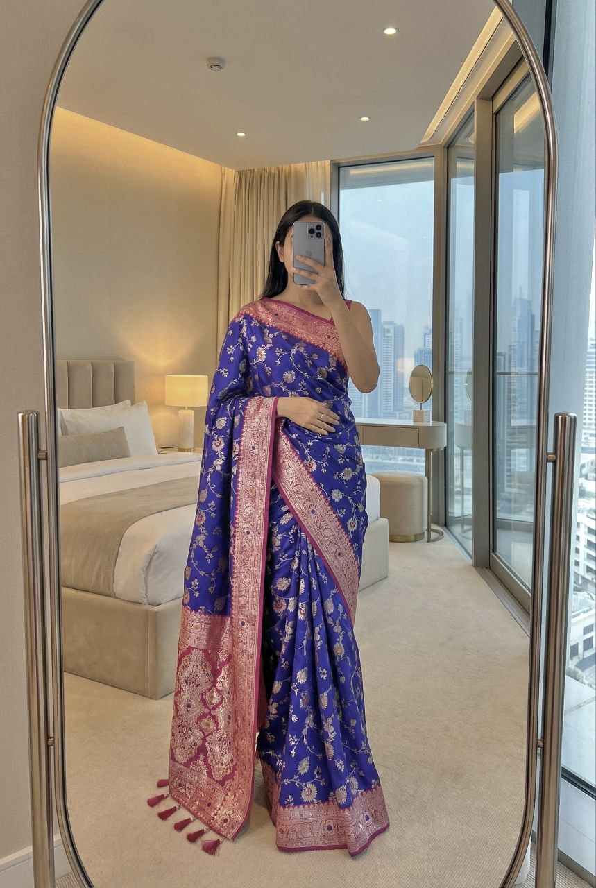 Mameraa Sarees Violet Soft Silk Blend Saree With Zari Weaving Meenakari Design-Violet - Dista