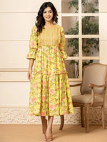 Thumbnail for Yufta Green Cotton Floral Print Tiered Dress With Ruffles - Distacart