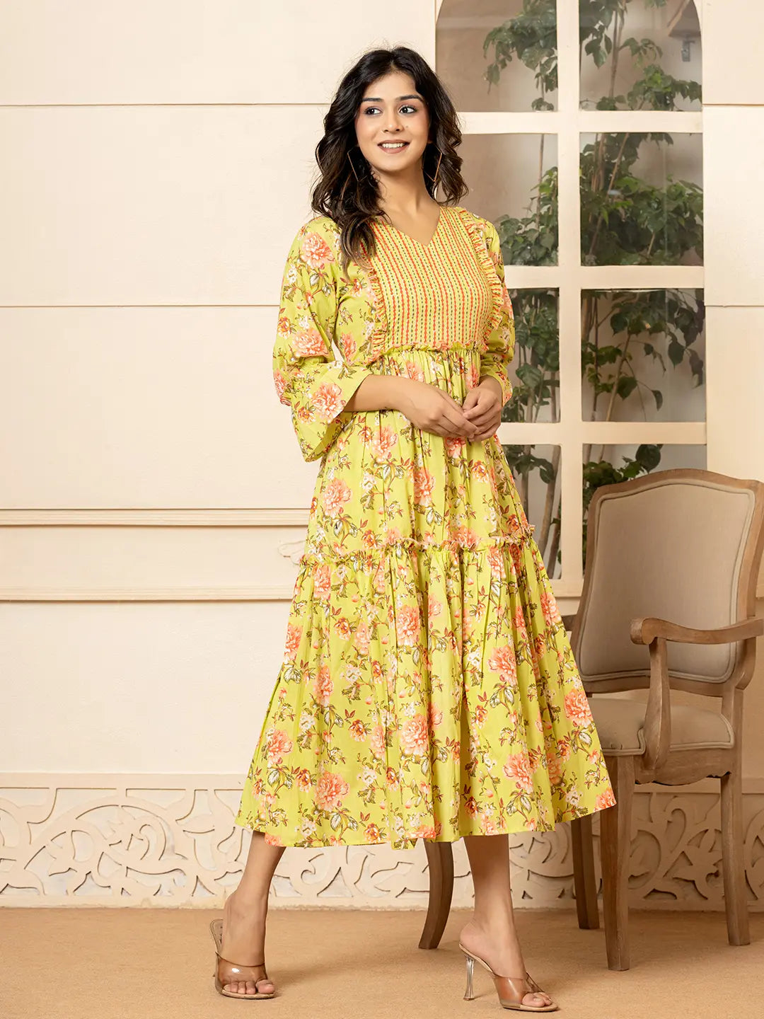 Yufta Green Cotton Floral Print Tiered Dress With Ruffles - Distacart