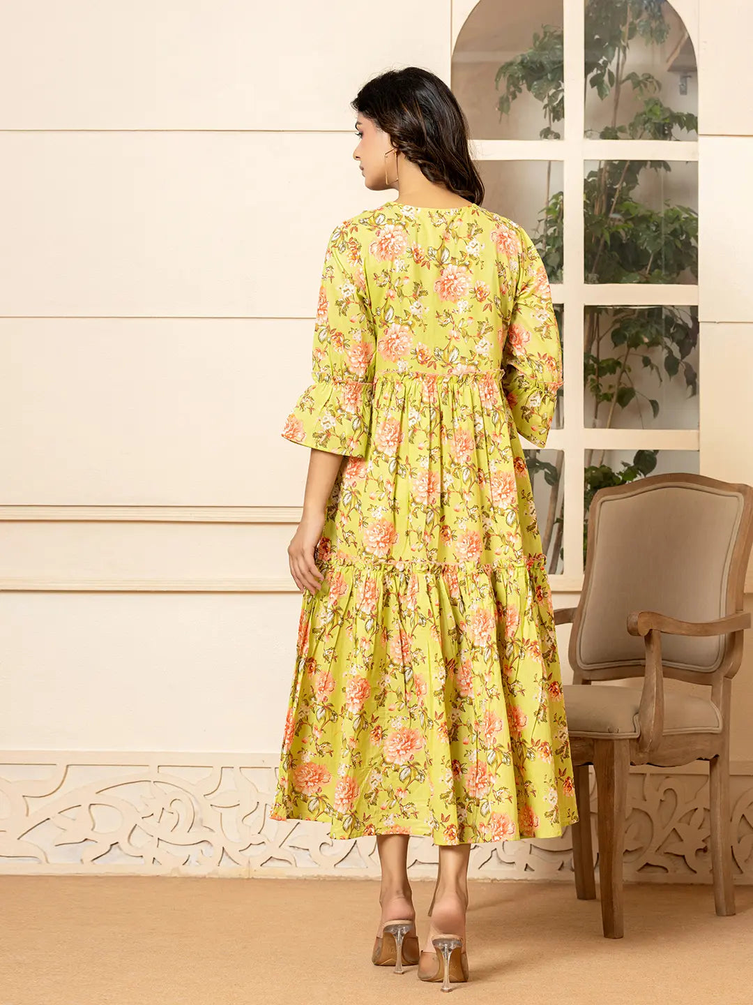 Yufta Green Cotton Floral Print Tiered Dress With Ruffles - Distacart