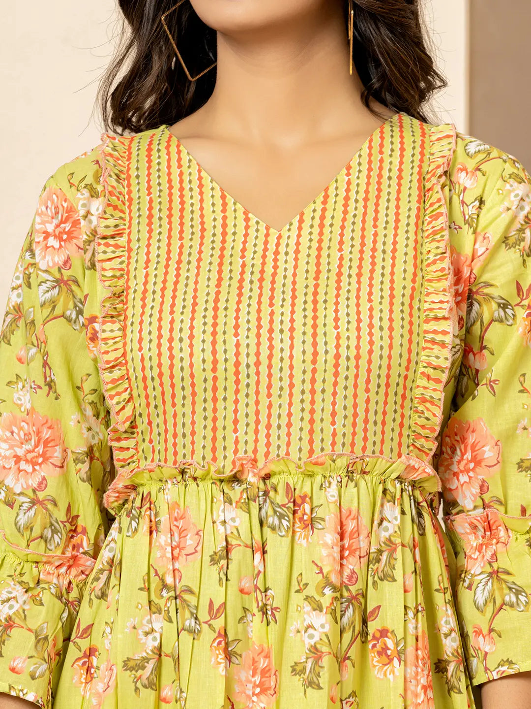 Yufta Green Cotton Floral Print Tiered Dress With Ruffles - Distacart
