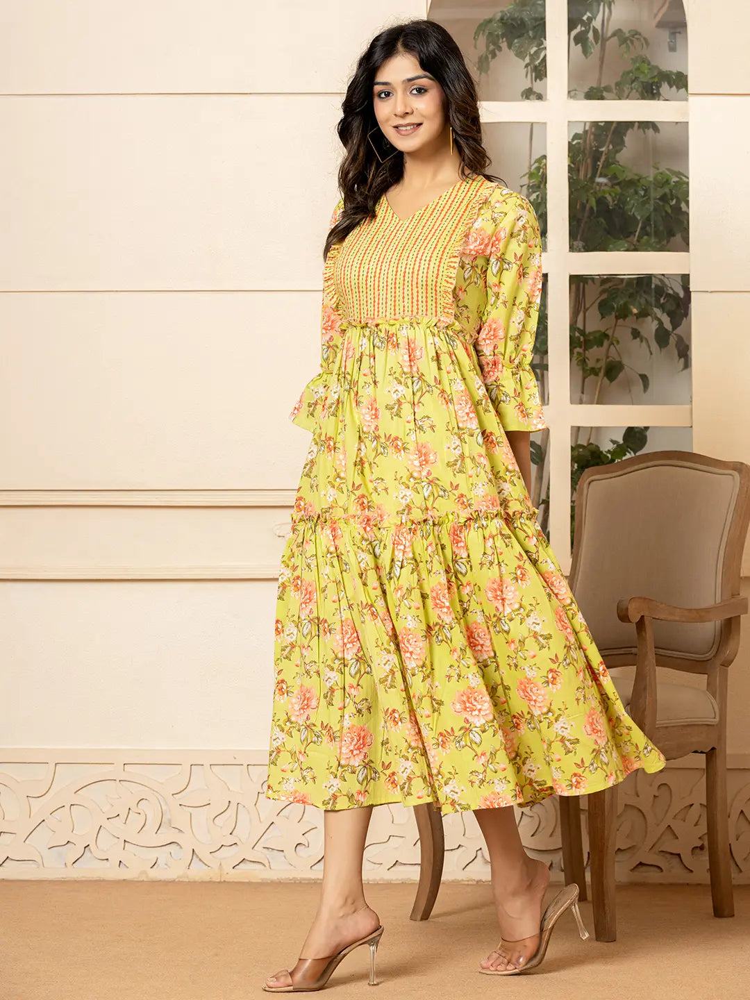 Yufta Green Cotton Floral Print Tiered Dress With Ruffles - Distacart