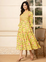 Thumbnail for Yufta Green Cotton Floral Print Tiered Dress With Ruffles - Distacart