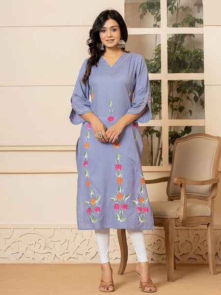 Yufta Violet Hand Painted Straight Kurta